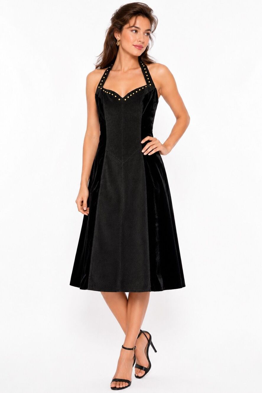 Wilsons Leather Vintage Black Studded Velvet Halter Gothic Dress Womens Size XS